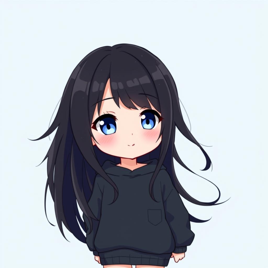 A charming chibi anime girl with long flowing black hair and sparkling blue eyes