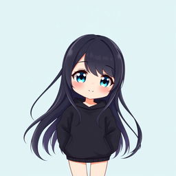 A charming chibi anime girl with long flowing black hair and sparkling blue eyes