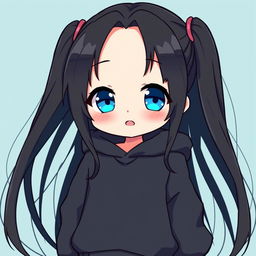 A charming chibi anime girl with long flowing black hair and sparkling blue eyes