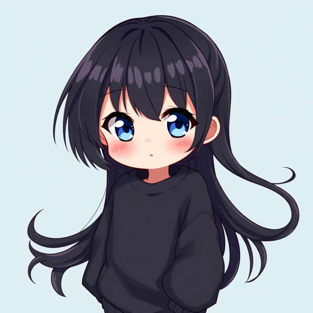 A charming chibi anime girl with long flowing black hair and sparkling blue eyes