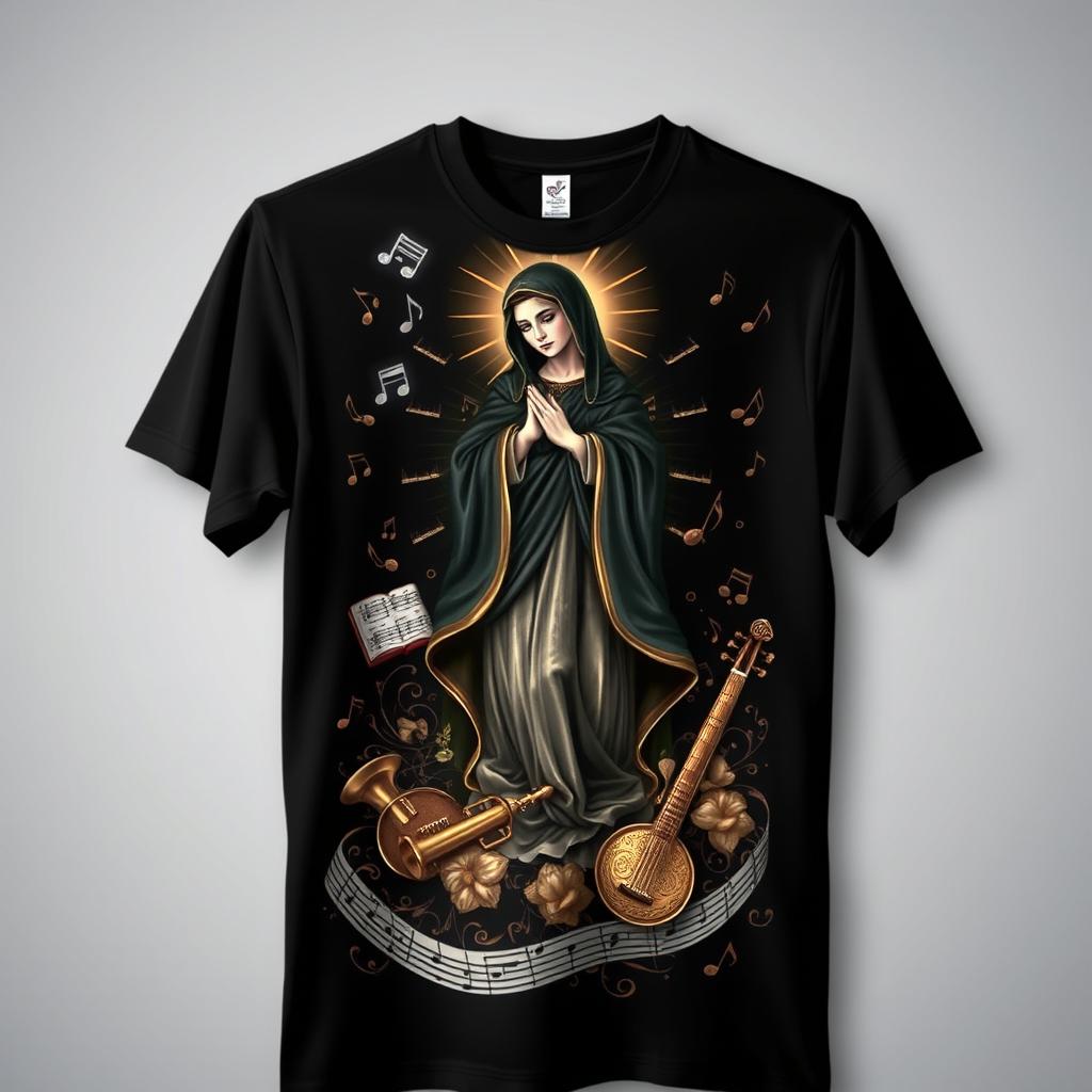 A black t-shirt featuring a beautiful artistic depiction of Nossa Senhora, surrounded by musical elements like notes, sheet music, and instruments