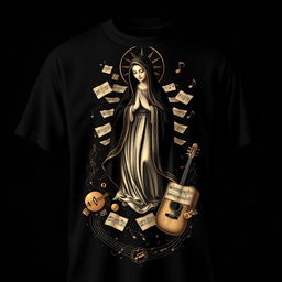 A black t-shirt featuring a beautiful artistic depiction of Nossa Senhora, surrounded by musical elements like notes, sheet music, and instruments