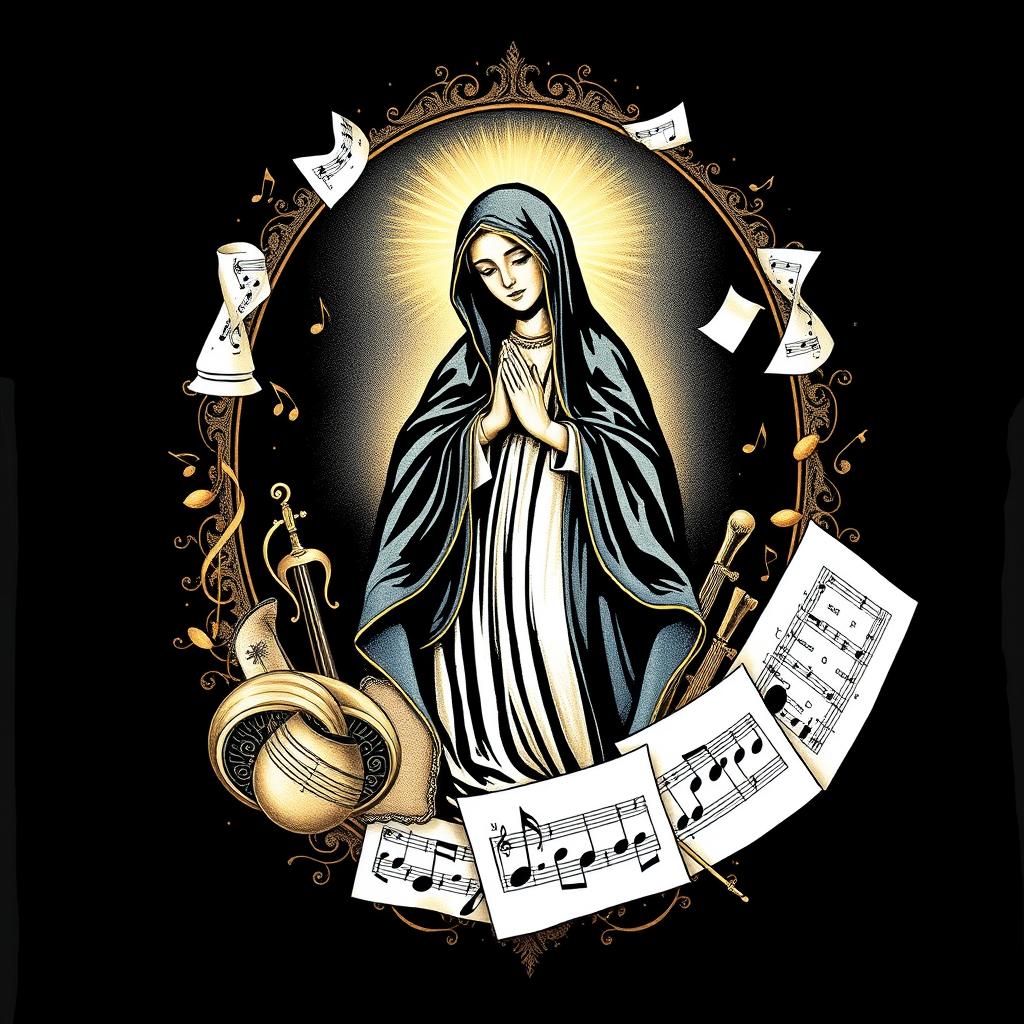 A black t-shirt featuring a beautiful artistic depiction of Nossa Senhora, surrounded by musical elements like notes, sheet music, and instruments