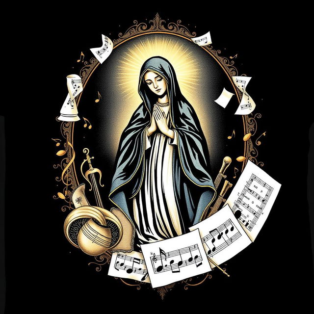 A black t-shirt featuring a beautiful artistic depiction of Nossa Senhora, surrounded by musical elements like notes, sheet music, and instruments