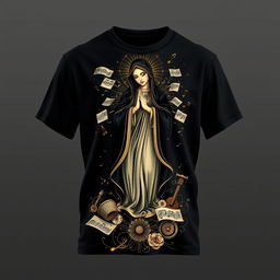 A black t-shirt featuring a beautiful artistic depiction of Nossa Senhora, surrounded by musical elements like notes, sheet music, and instruments