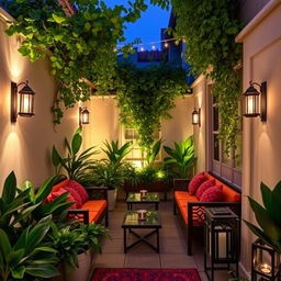 A charming and narrow terrace beautifully decorated, featuring sleek side enclosures that provide privacy and style