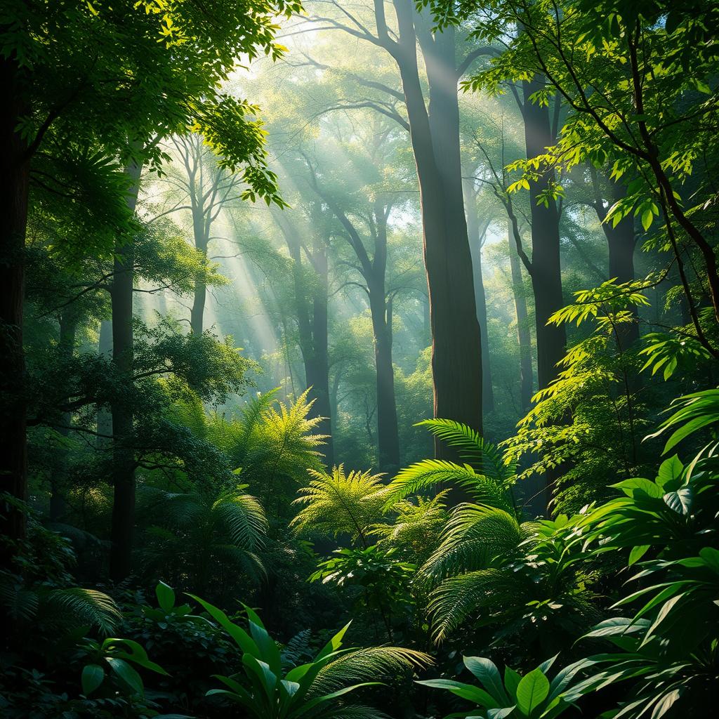 A stunningly realistic depiction of a lush forest brimming with towering trees and dense foliage