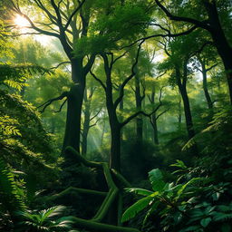 A stunningly realistic depiction of a lush forest brimming with towering trees and dense foliage