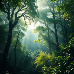 A stunningly realistic depiction of a lush forest brimming with towering trees and dense foliage