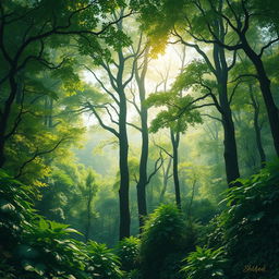 A stunningly realistic depiction of a lush forest brimming with towering trees and dense foliage