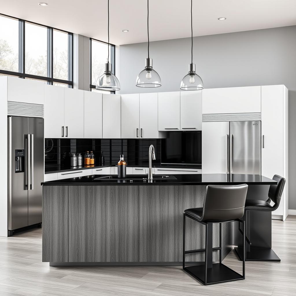 A modern kitchen interior featuring an elegant kitchen island with pelikano wood paneling in a smoky gray color