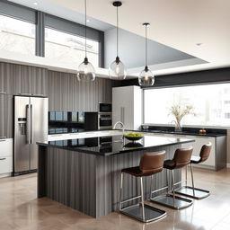 A modern kitchen interior featuring an elegant kitchen island with pelikano wood paneling in a smoky gray color