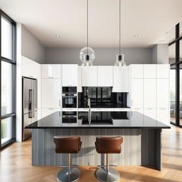 A modern kitchen interior featuring an elegant kitchen island with pelikano wood paneling in a smoky gray color