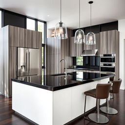 A modern kitchen interior featuring an elegant kitchen island with pelikano wood paneling in a smoky gray color