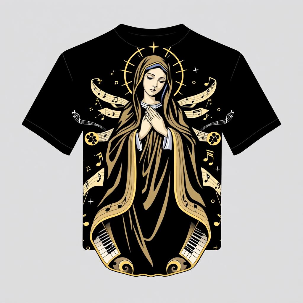 A black t-shirt design featuring an artistic depiction of Our Lady, surrounded by musical elements