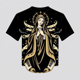 A black t-shirt design featuring an artistic depiction of Our Lady, surrounded by musical elements