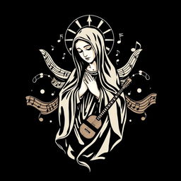 A black t-shirt design featuring an artistic depiction of Our Lady, surrounded by musical elements