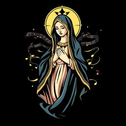 A black t-shirt design featuring an artistic depiction of Our Lady, surrounded by musical elements