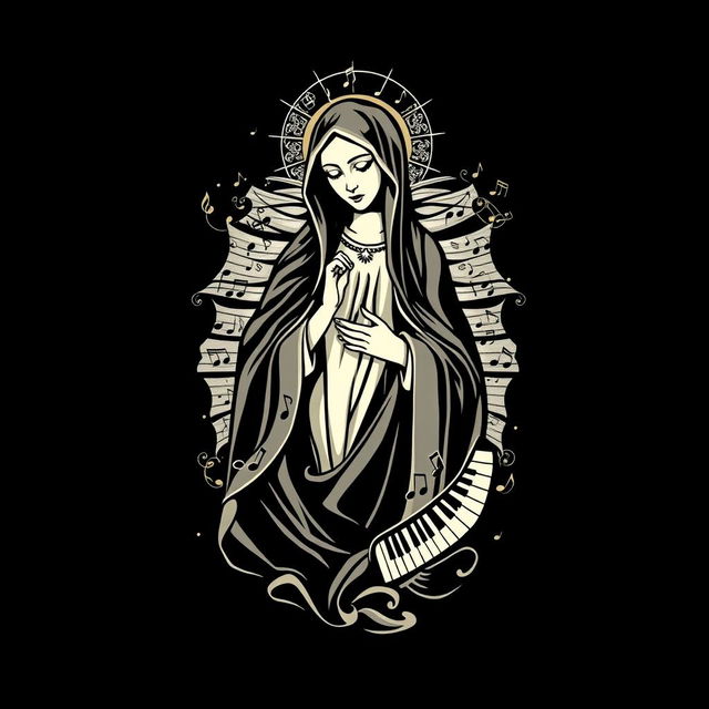 A black t-shirt design featuring an artistic depiction of Our Lady, surrounded by musical elements