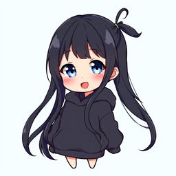 A delightful chibi anime girl with long, flowing black hair and captivating blue eyes