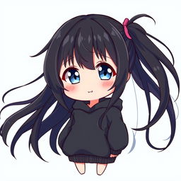 A delightful chibi anime girl with long, flowing black hair and captivating blue eyes