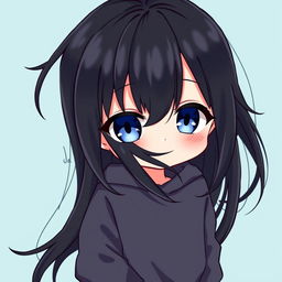 A delightful chibi anime girl with long, flowing black hair and captivating blue eyes