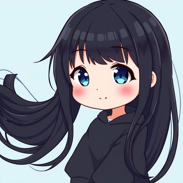 A delightful chibi anime girl with long, flowing black hair and captivating blue eyes