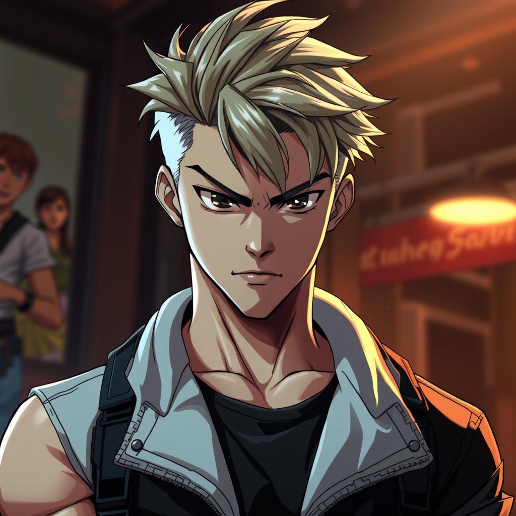 A striking depiction of a hot anime boy, featuring detailed shading to enhance his sharp features and muscular build