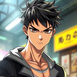 A striking depiction of a hot anime boy, featuring detailed shading to enhance his sharp features and muscular build