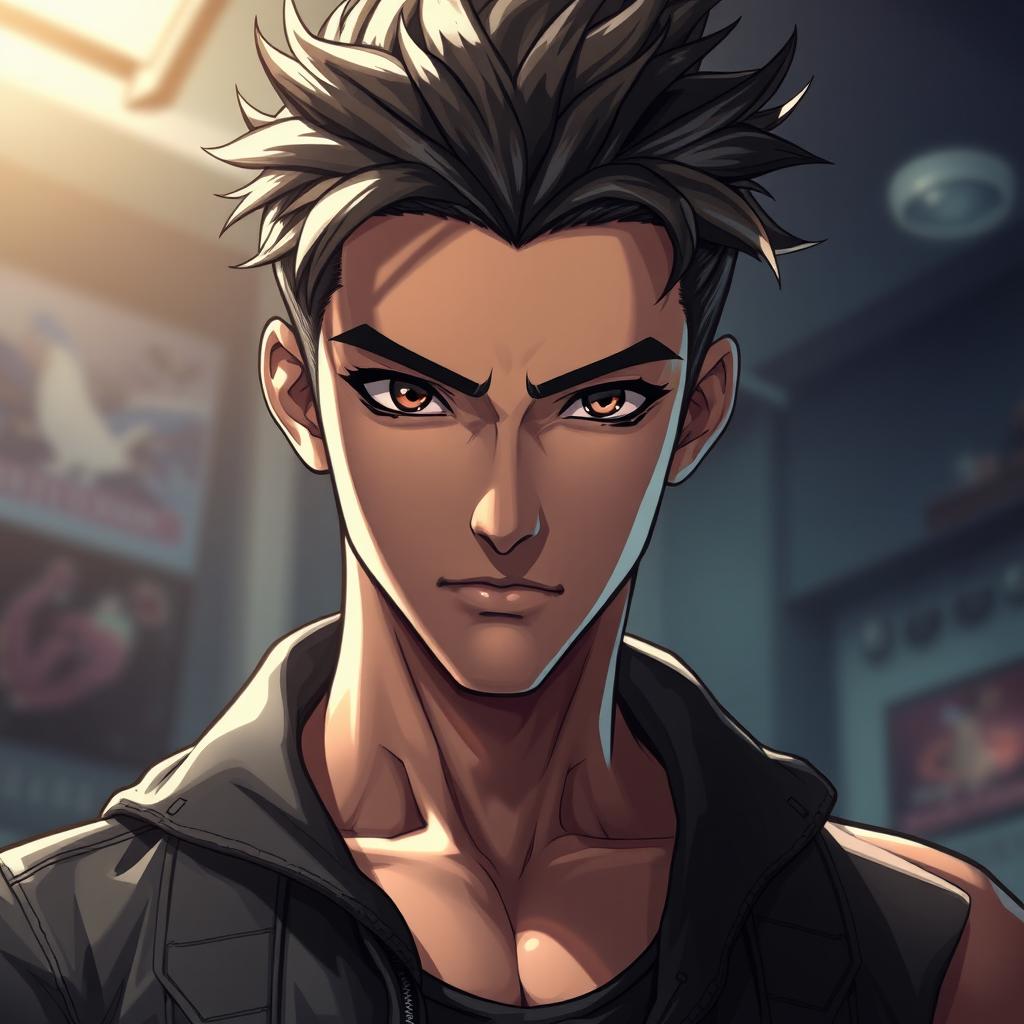 A striking depiction of a hot anime boy, featuring detailed shading to enhance his sharp features and muscular build