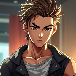 A striking depiction of a hot anime boy, featuring detailed shading to enhance his sharp features and muscular build