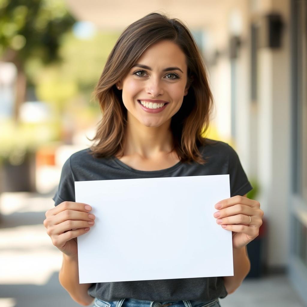 An average-looking woman with a friendly expression, holding a completely blank white sign in her hands