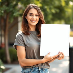 An average-looking woman with a friendly expression, holding a completely blank white sign in her hands