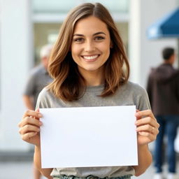 An average-looking woman with a friendly expression, holding a completely blank white sign in her hands