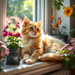 a cute and fluffy domestic cat lounging gracefully on a sunny windowsill surrounded by blooming houseplants, its glossy fur reflecting sunlight, large inquisitive eyes gazing curiously at a fluttering butterfly nearby