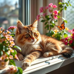 a cute and fluffy domestic cat lounging gracefully on a sunny windowsill surrounded by blooming houseplants, its glossy fur reflecting sunlight, large inquisitive eyes gazing curiously at a fluttering butterfly nearby