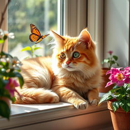 a cute and fluffy domestic cat lounging gracefully on a sunny windowsill surrounded by blooming houseplants, its glossy fur reflecting sunlight, large inquisitive eyes gazing curiously at a fluttering butterfly nearby