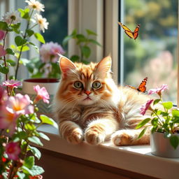 a cute and fluffy domestic cat lounging gracefully on a sunny windowsill surrounded by blooming houseplants, its glossy fur reflecting sunlight, large inquisitive eyes gazing curiously at a fluttering butterfly nearby