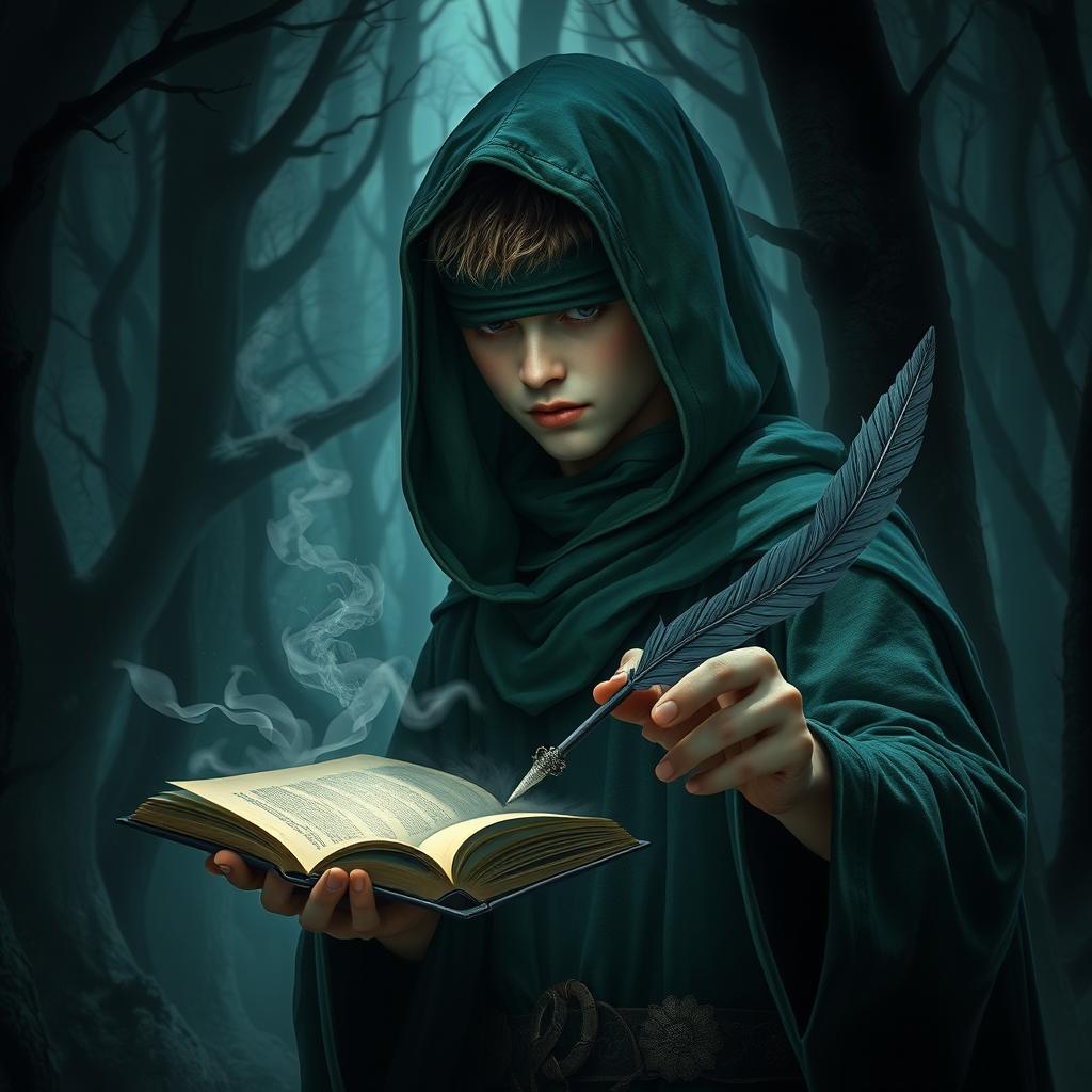 A male teen wizard with no hair, wearing a green hood and a cloth blindfold without holes