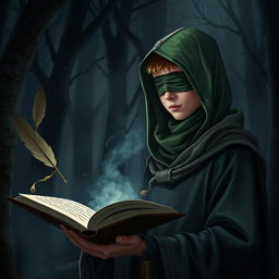A male teen wizard with no hair, wearing a green hood and a cloth blindfold without holes