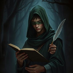 A male teen wizard with no hair, wearing a green hood and a cloth blindfold without holes