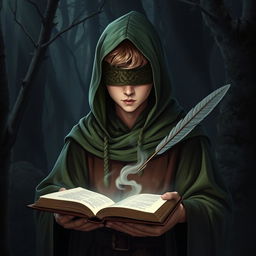 A male teen wizard with no hair, wearing a green hood and a cloth blindfold without holes