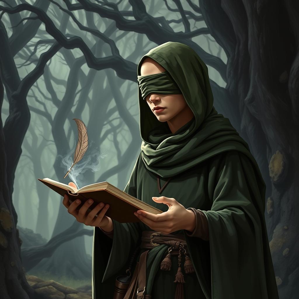 A male teen wizard with a completely bald head, wearing a green hood and a cloth blindfold without holes