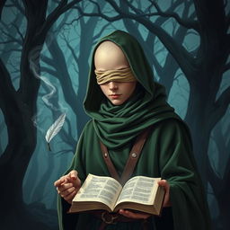 A male teen wizard with a completely bald head, wearing a green hood and a cloth blindfold without holes