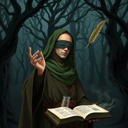 A male teen wizard with a completely bald head, wearing a green hood and a cloth blindfold without holes
