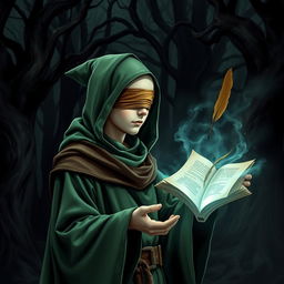 A male teen wizard with a completely bald head, wearing a green hood and a cloth blindfold without holes