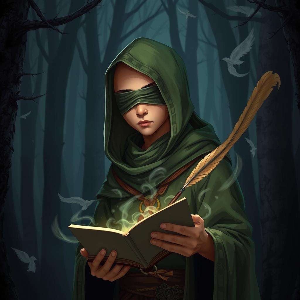 A male Asian adolescent wizard with a bald head, wearing a green hood and a cloth blindfold without holes