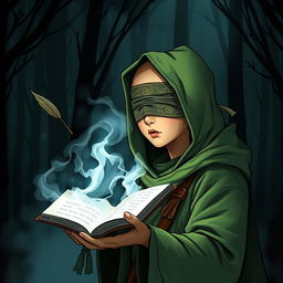 A male Asian adolescent wizard with a bald head, wearing a green hood and a cloth blindfold without holes