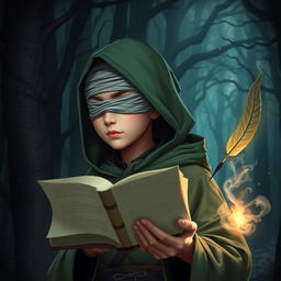 A male Asian adolescent wizard with a bald head, wearing a green hood and a cloth blindfold without holes