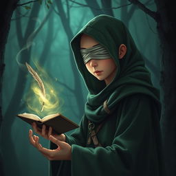 A male Asian adolescent wizard with a bald head, wearing a green hood and a cloth blindfold without holes